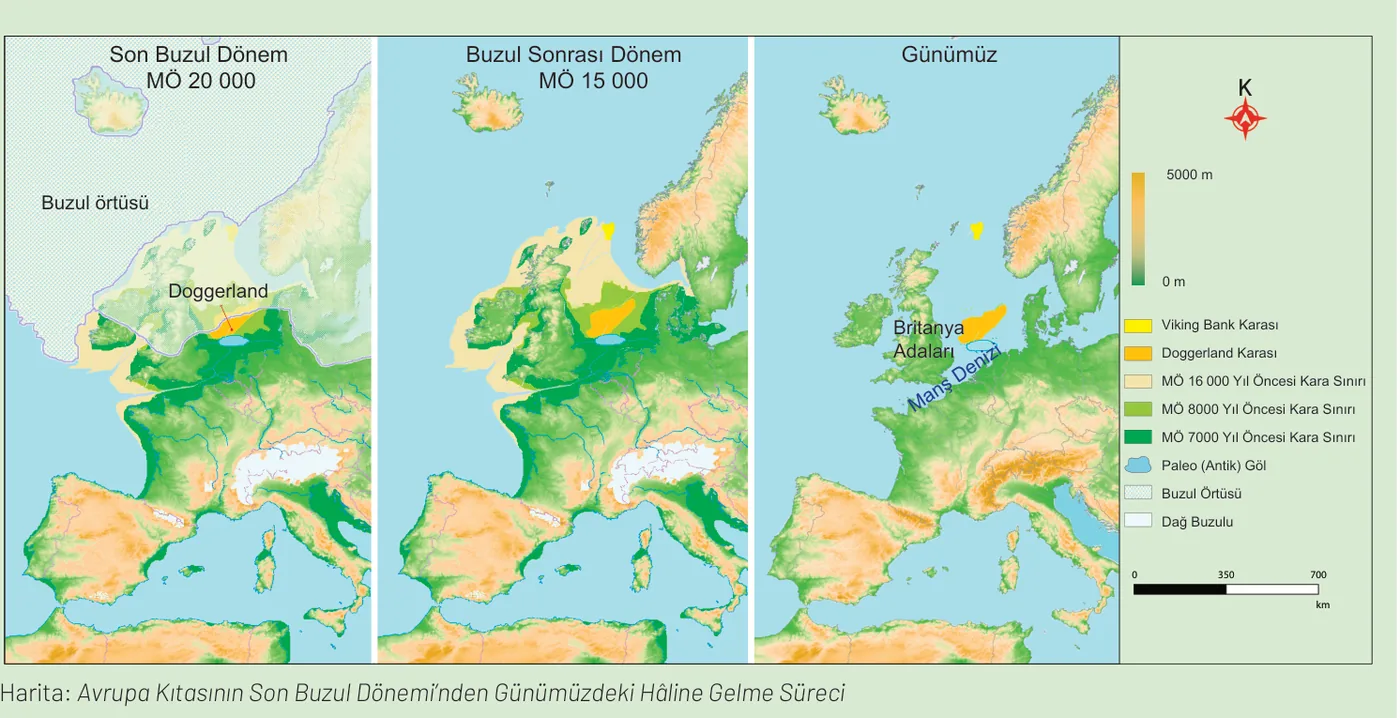 Üç panelli harita. Son Buzul Dönem MÖ 20 000: Kuzey Avrupa buzul örtüsü
    altında, Doggerland Britanya ile ana karayı birleştiriyor. Buzul Sonrası Dönem
    MÖ 15 000: buzul örtüsü çekilmiş, geniş kara sınırı ve Doggerland görünür durumda.
    Günümüz: Britanya ada, Doggerland Manş ve Kuzey Denizi altında.