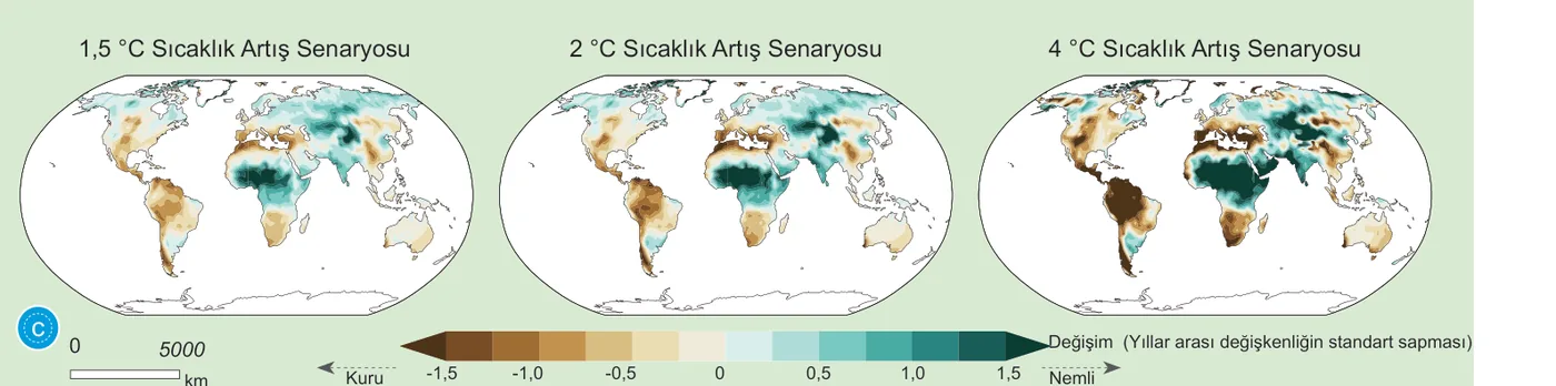 Yıllık ortalama toprak nemindeki değişim, üç senaryo için dünya haritası.
    Akdeniz Havzası, Güney Afrika ve Amazon senaryo büyüdükçe koyu kahverengiye
    dönüyor; Sahel ve Hindistan çevresi ise yeşilleşiyor.